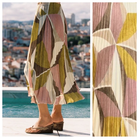 NWOT. Zara Multicolored Geometric Print Pleated Midi Skirt. Size XS. - Picture 6 of 9